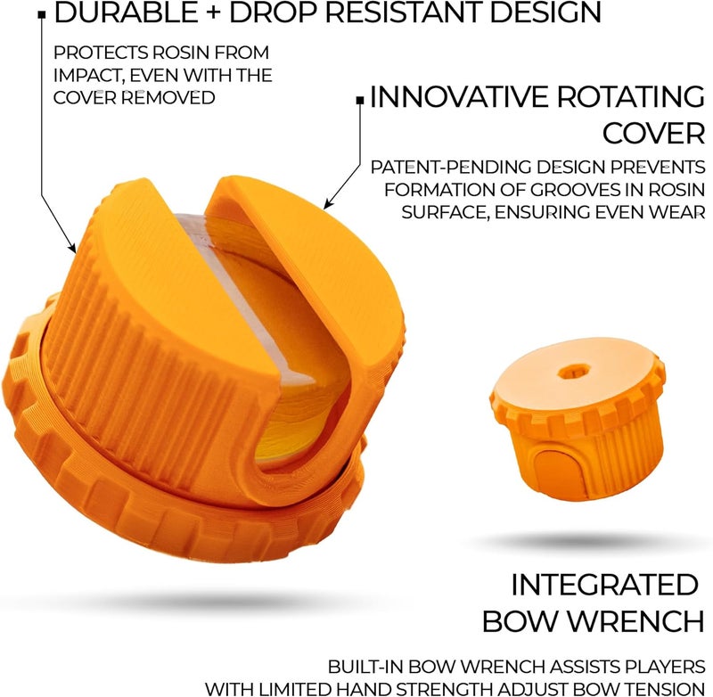 Bow Buddy Store Violin Rosin & Bow Tool – Drop-Resistant, Refillable Rosin with Rotating Cover Guide & Integrated Bow Wrench for Violin, Viola & Cello (Orange) - Image 3